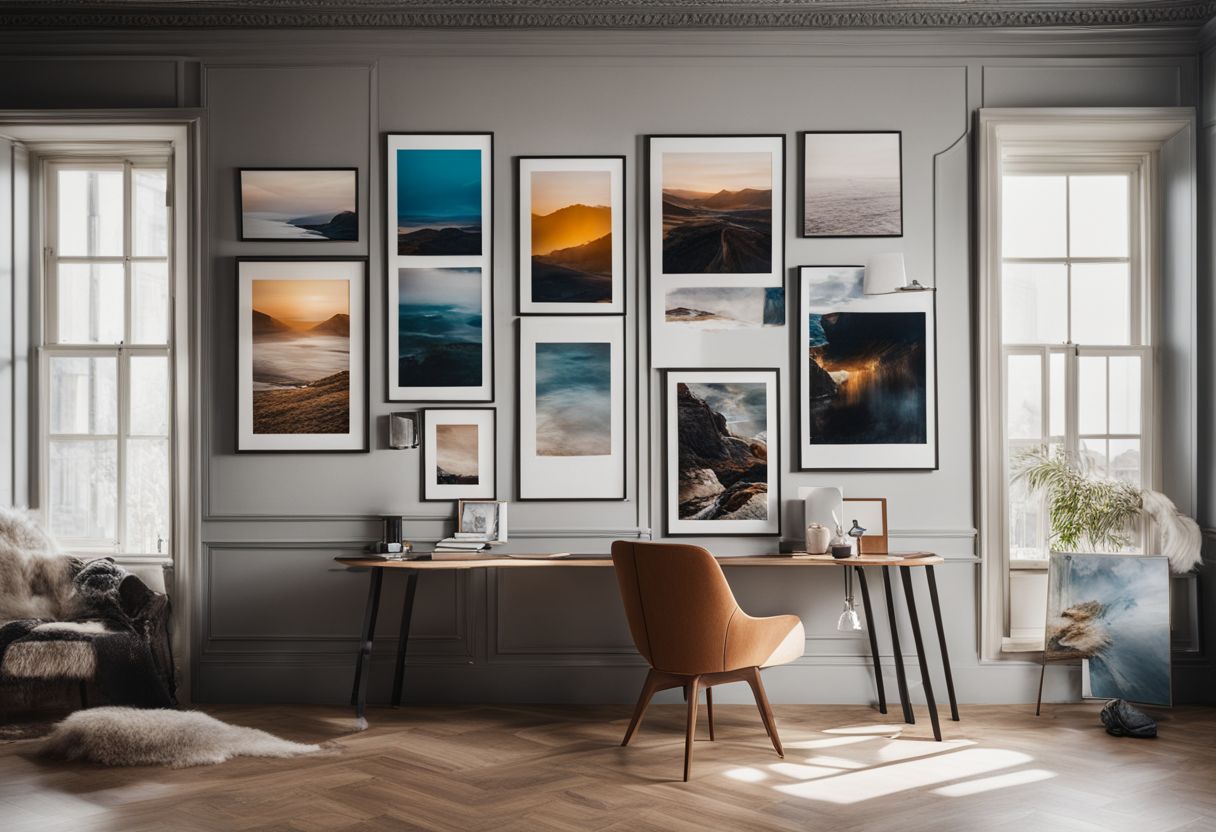 A blank wall with various framed art pieces in a well-lit room.