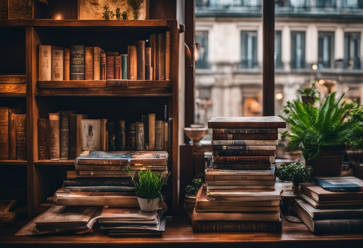 A bookshelf filled with books, plants, and travel souvenirs.