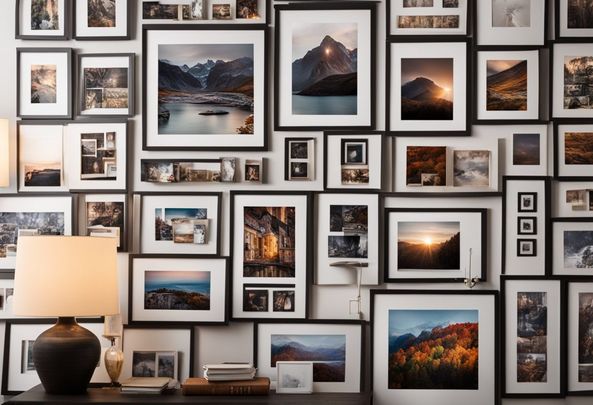 A beautifully decorated wall with various framed pictures and hanging tools.