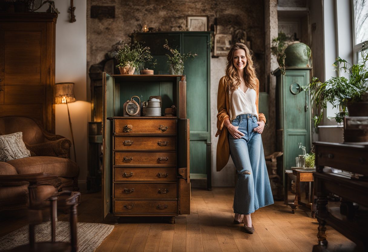 Upcycling Furniture Projects: A woman poses in a repurposed dresser surrounded by upcycled furniture.