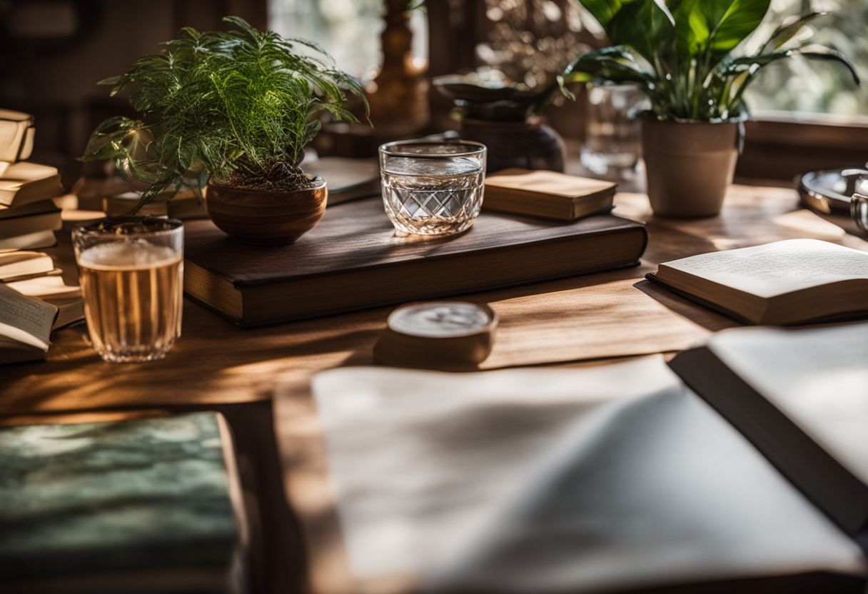 A beautifully arranged still life composition featuring a table with books, plants, and a glass of water.