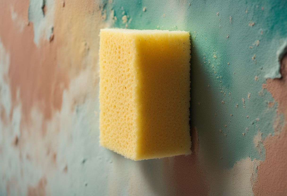 Close-up of a sponge removing adhesive residue from a painted wall.