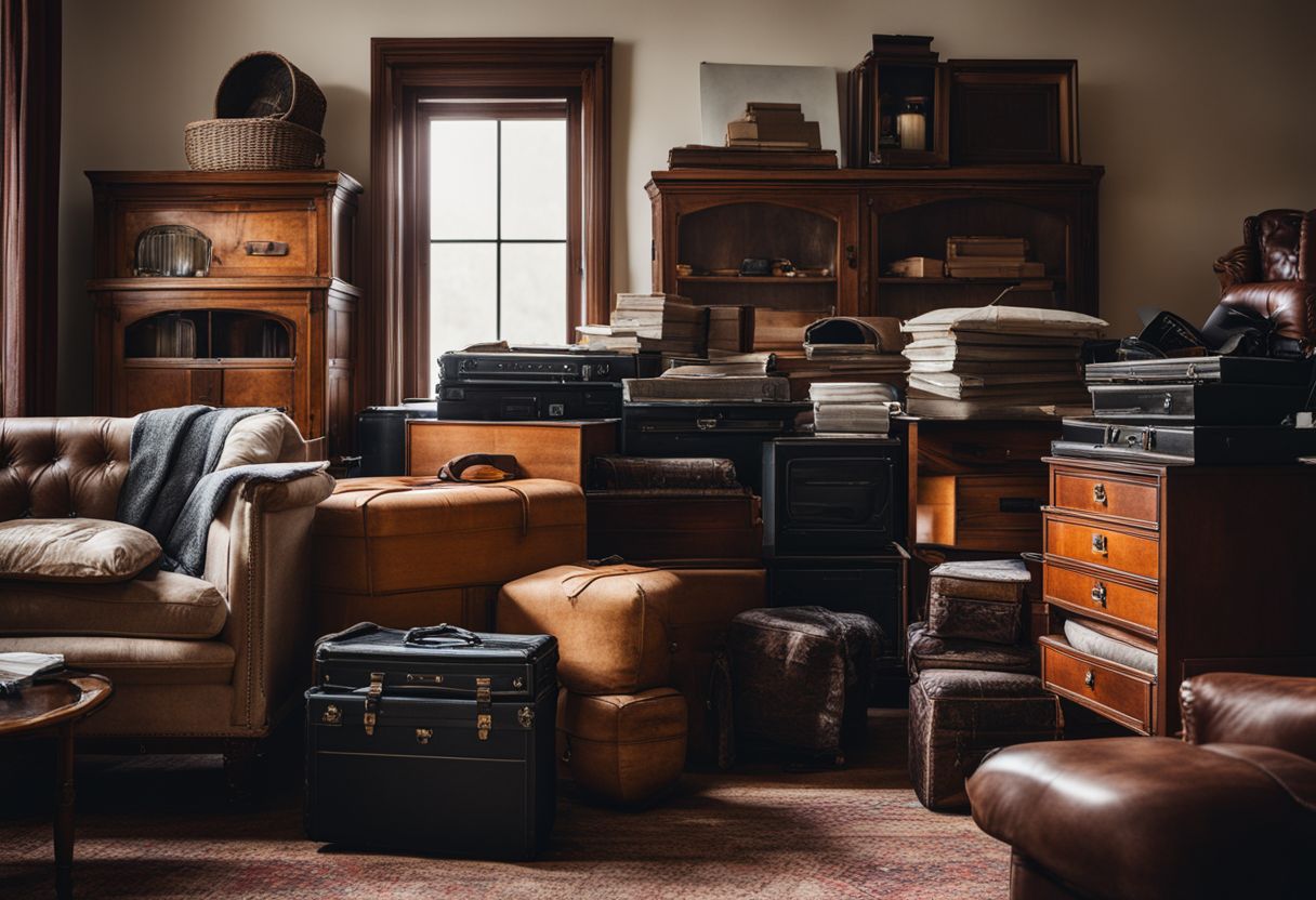 A stack of second-hand furniture items arranged neatly in a room.