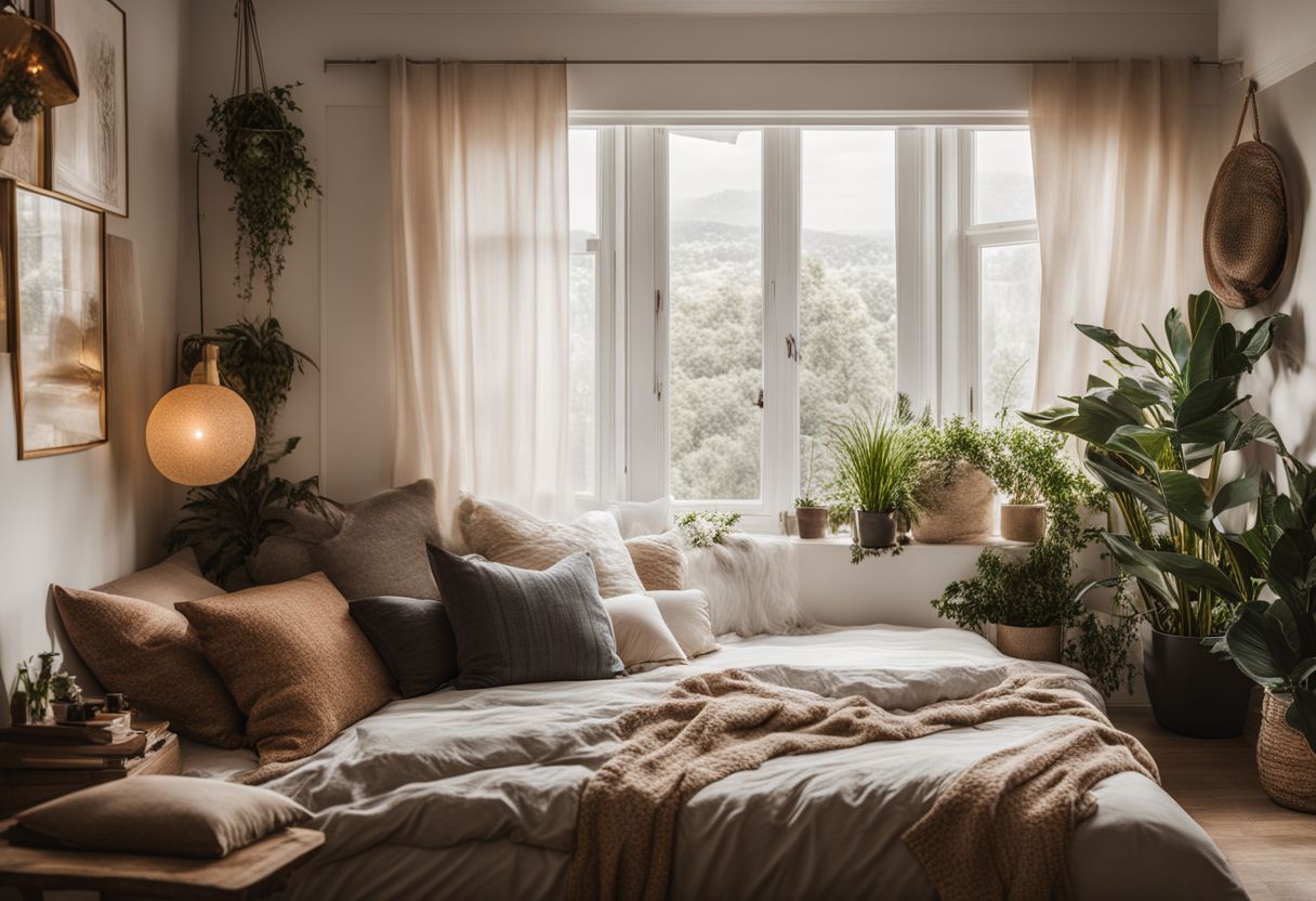 Low Budget Apartment Decorating Ideas: A cozy bedroom with a reading nook, stylish textiles, and plants.