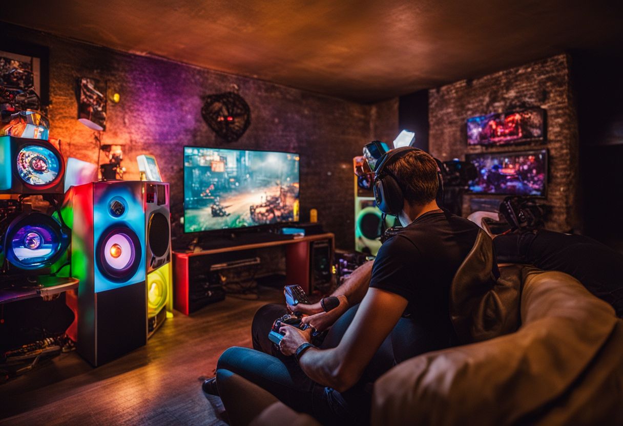 Man Cave Ideas for Basement Cheap: A man playing video games in a stylishly decorated basement.