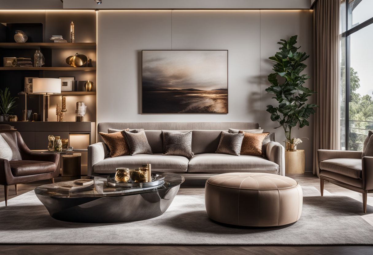 A luxurious living room with high-end furniture and accessories.