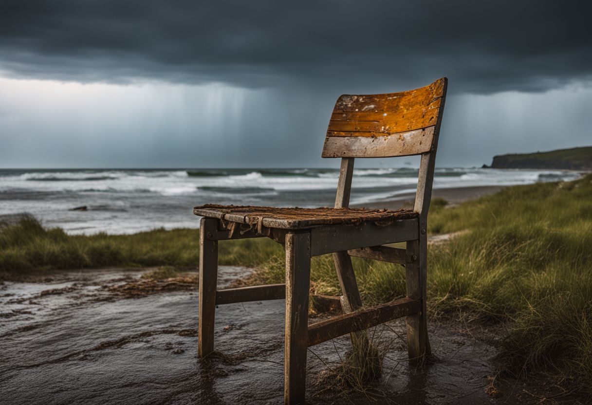 How to Restore Weathered Wood Furniture: An old wooden chair in a rainstorm with various people posing.