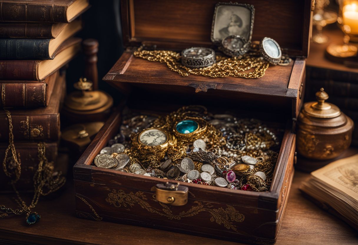 When Not to Restore an Antique: A photograph of a vintage chest filled with antique jewelry and coins.