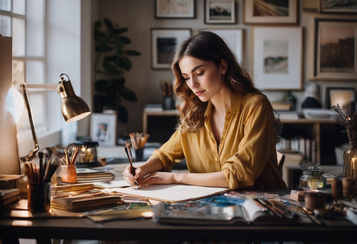 How to Decorate Your Home on a Budget: A woman sitting at a desk with various art supplies and materials.