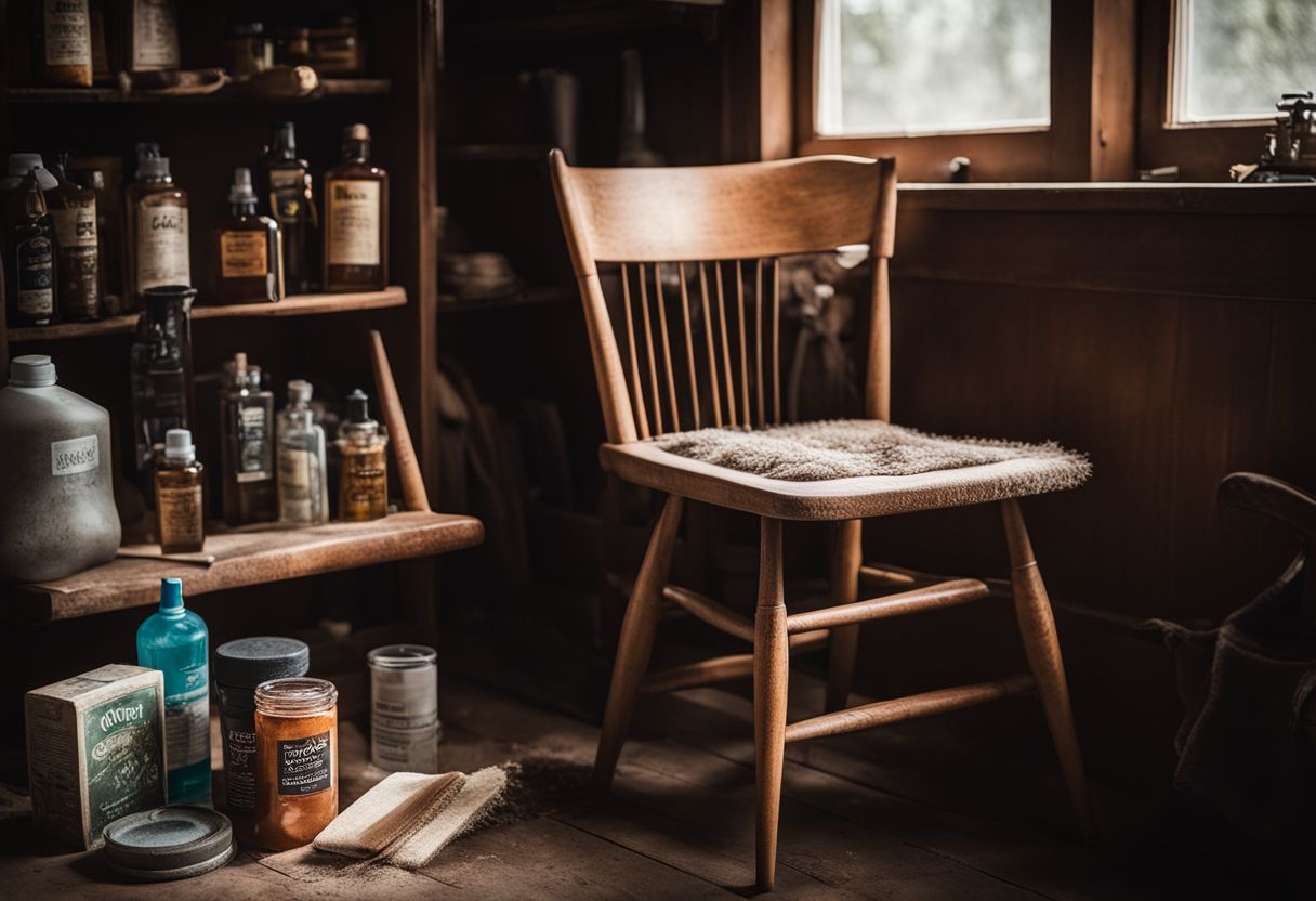 How to Clean and Restore Wood Furniture: A vintage wooden chair surrounded by cleaning tools and solution bottles.