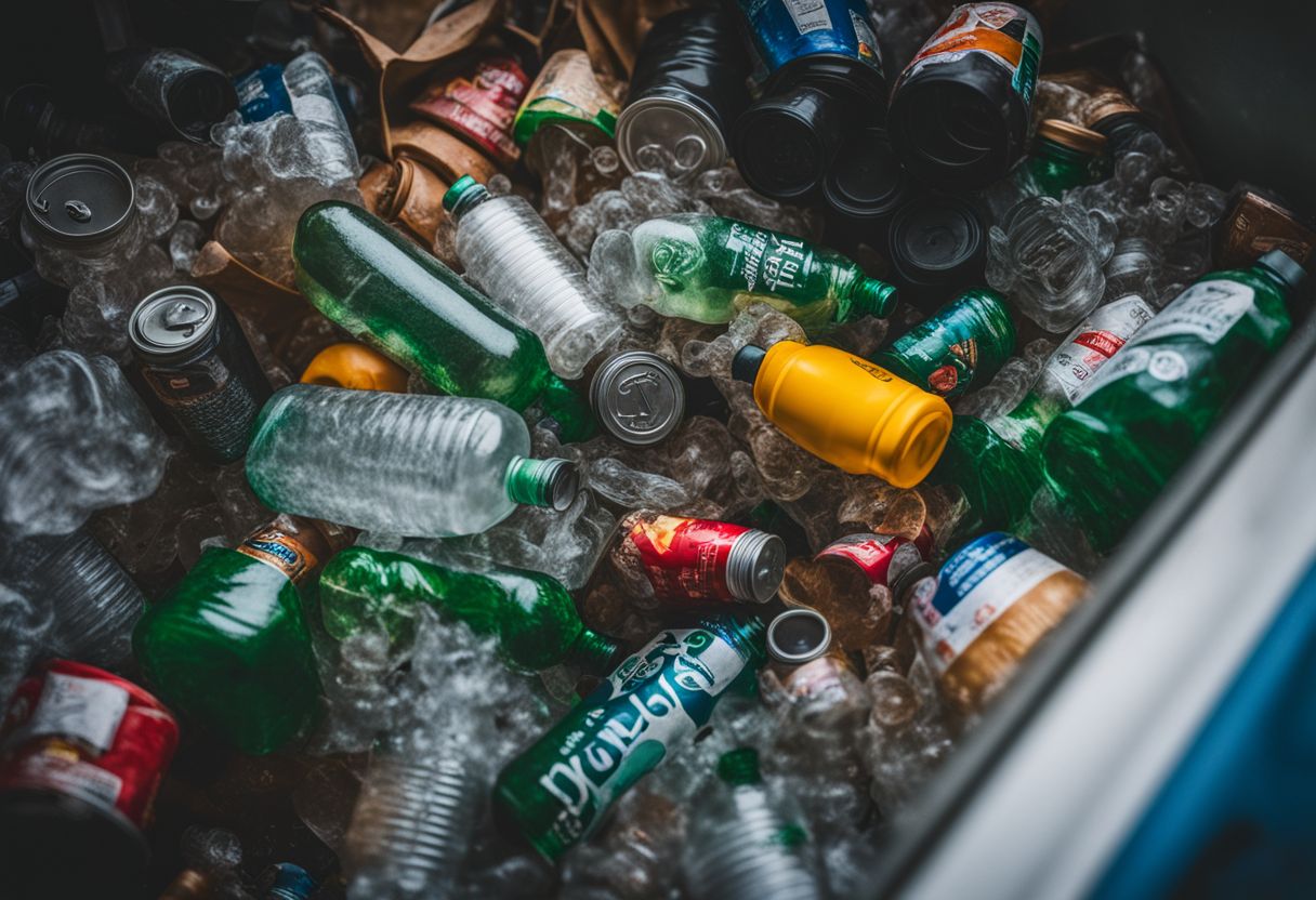 A photo of scattered recyclable materials in a recycling bin.