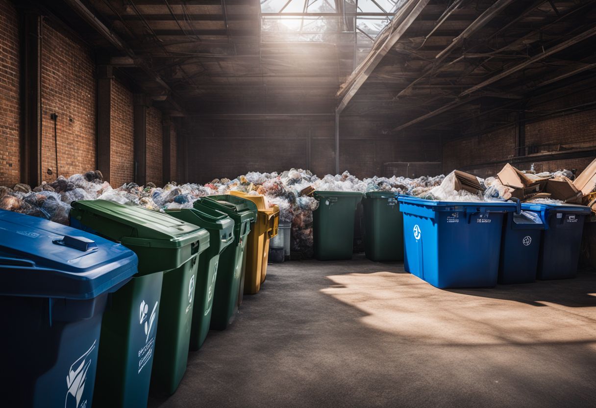 A photo of recycling bins filled with various recyclable materials in an industrial setting.