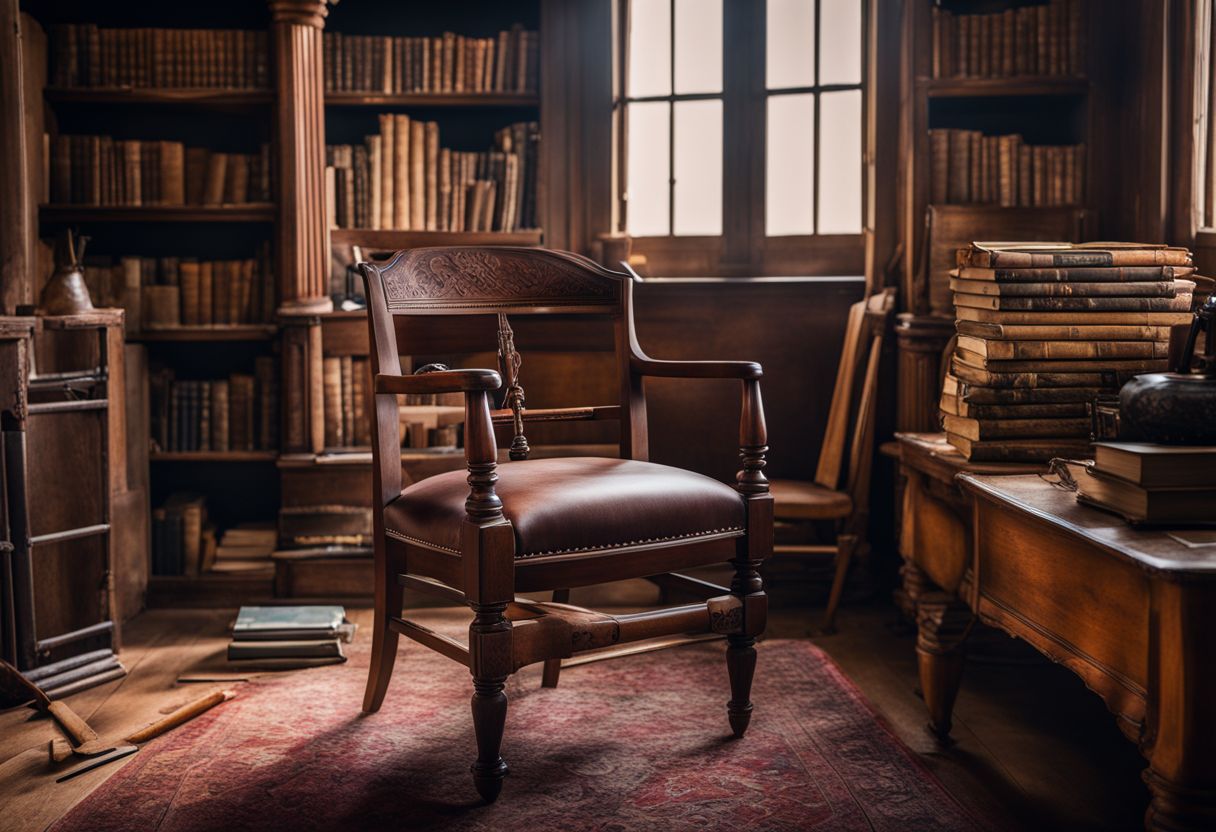 An antique chair surrounded by old books and restoration tools.