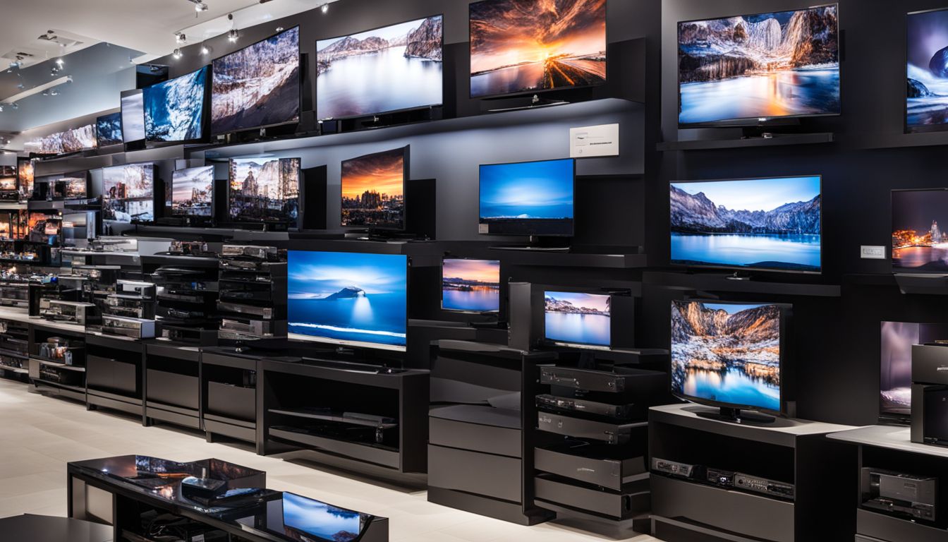An array of high-definition TVs on display in an electronics store.