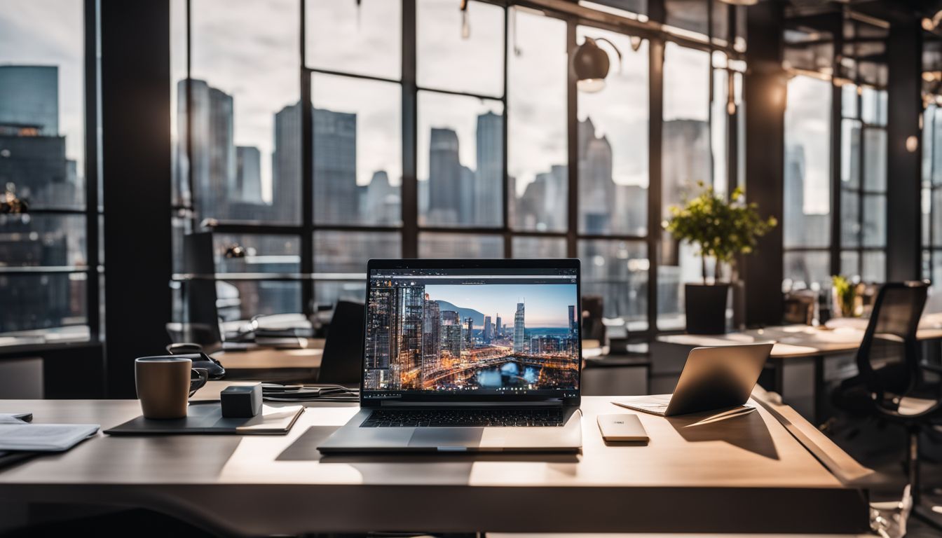 Ein offener Laptop auf einem modernen Schreibtisch umgeben von Bürodekor und Stadtbild-Fotografien.