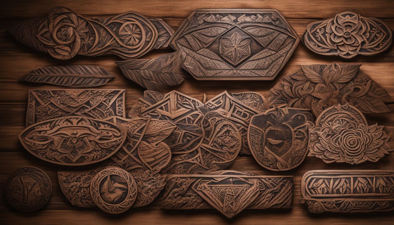 A collection of traditional Samoan tattoos carved on a wooden background.
