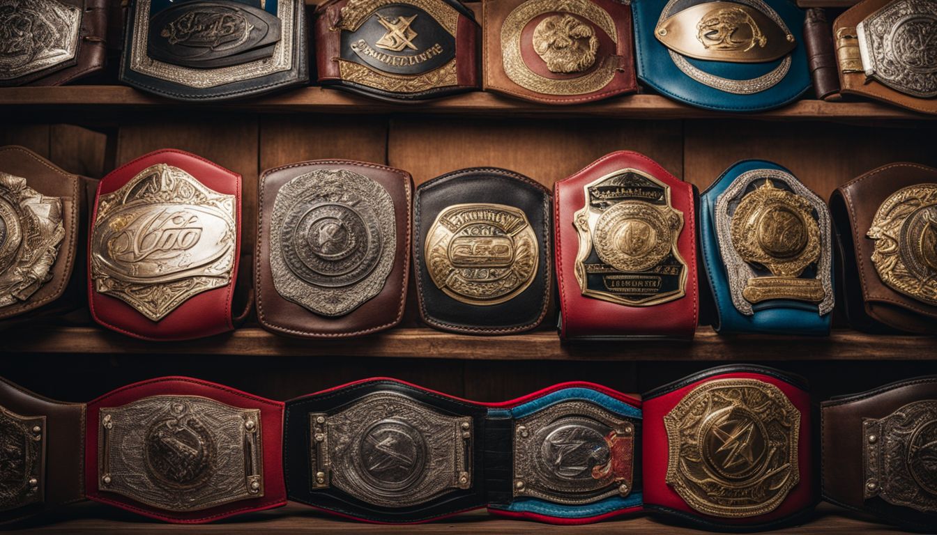 An array of championship belts arranged on a vintage wrestling ring.