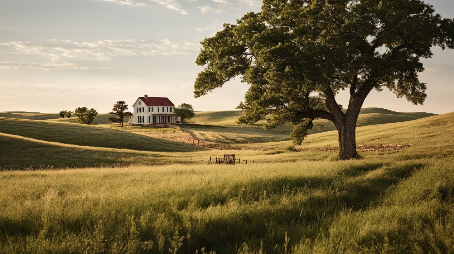 The landscape photograph captures Abraham Lincoln's ancestral homeland with rolling hills and a rustic farmhouse.