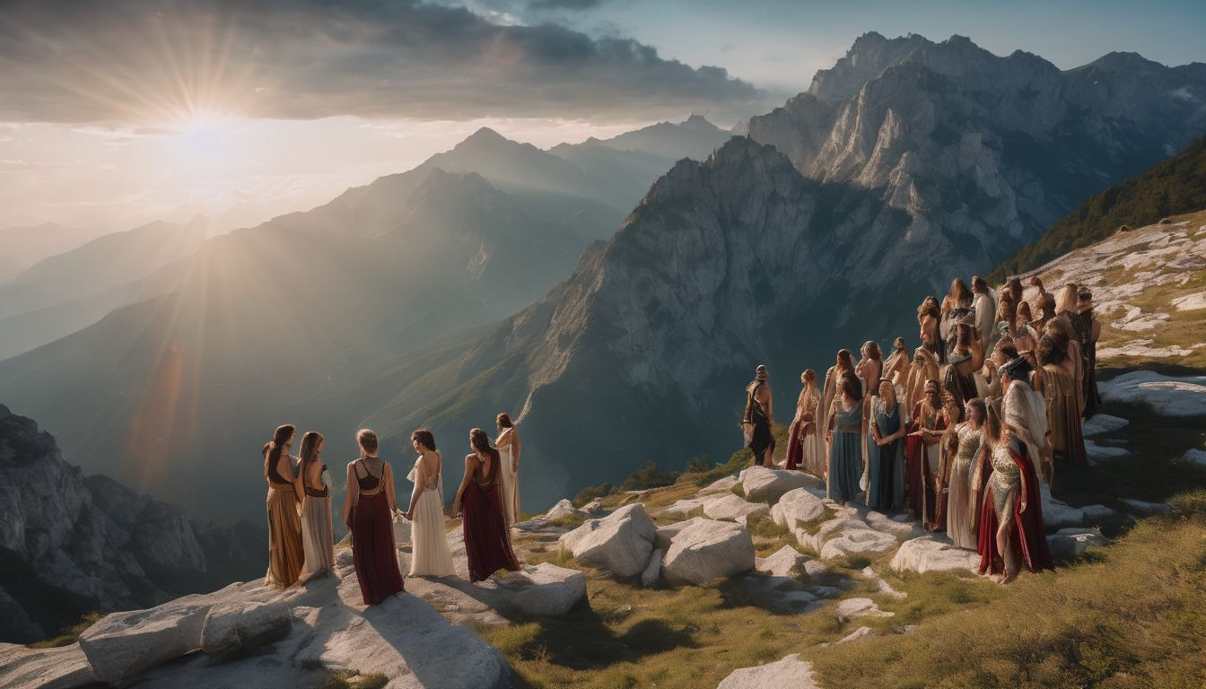 A group of Greek gods and goddesses gathered at Mount Olympus.
