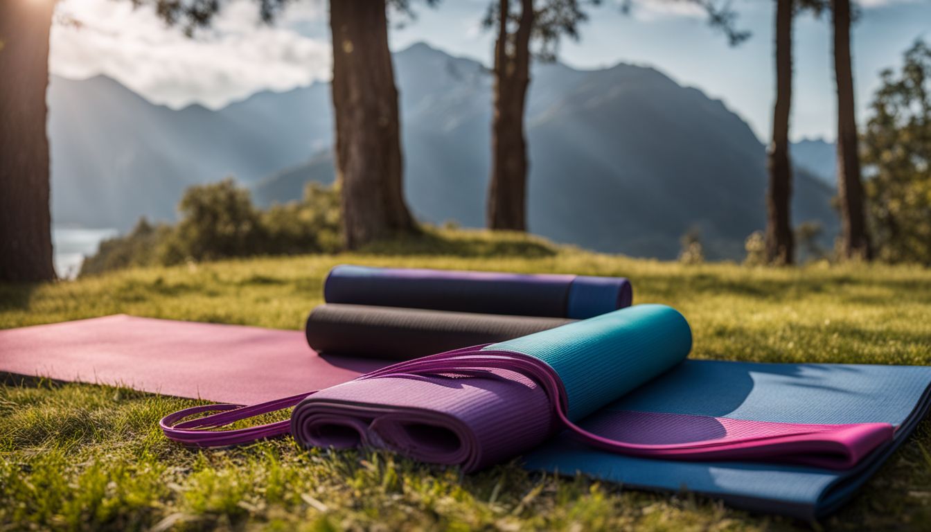 A yoga mat and resistance bands placed in a serene outdoor setting.