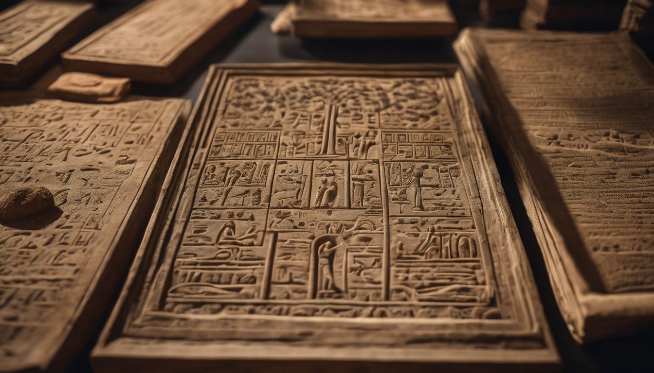 A detailed Egyptian hieroglyphic family tree surrounded by ancient artifacts.