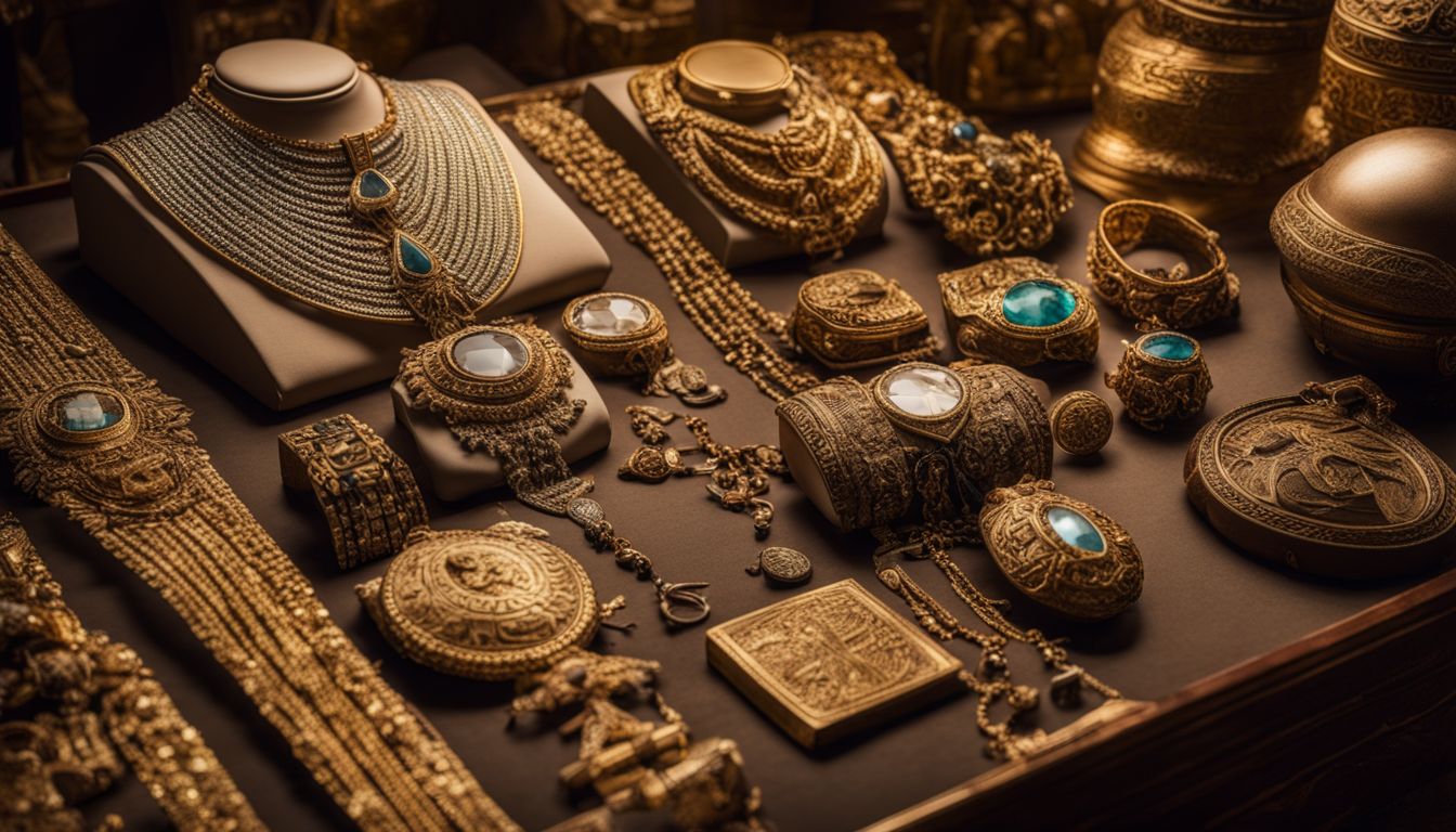 Ankhesenamun's royal jewelry displayed with ancient Egyptian artifacts.