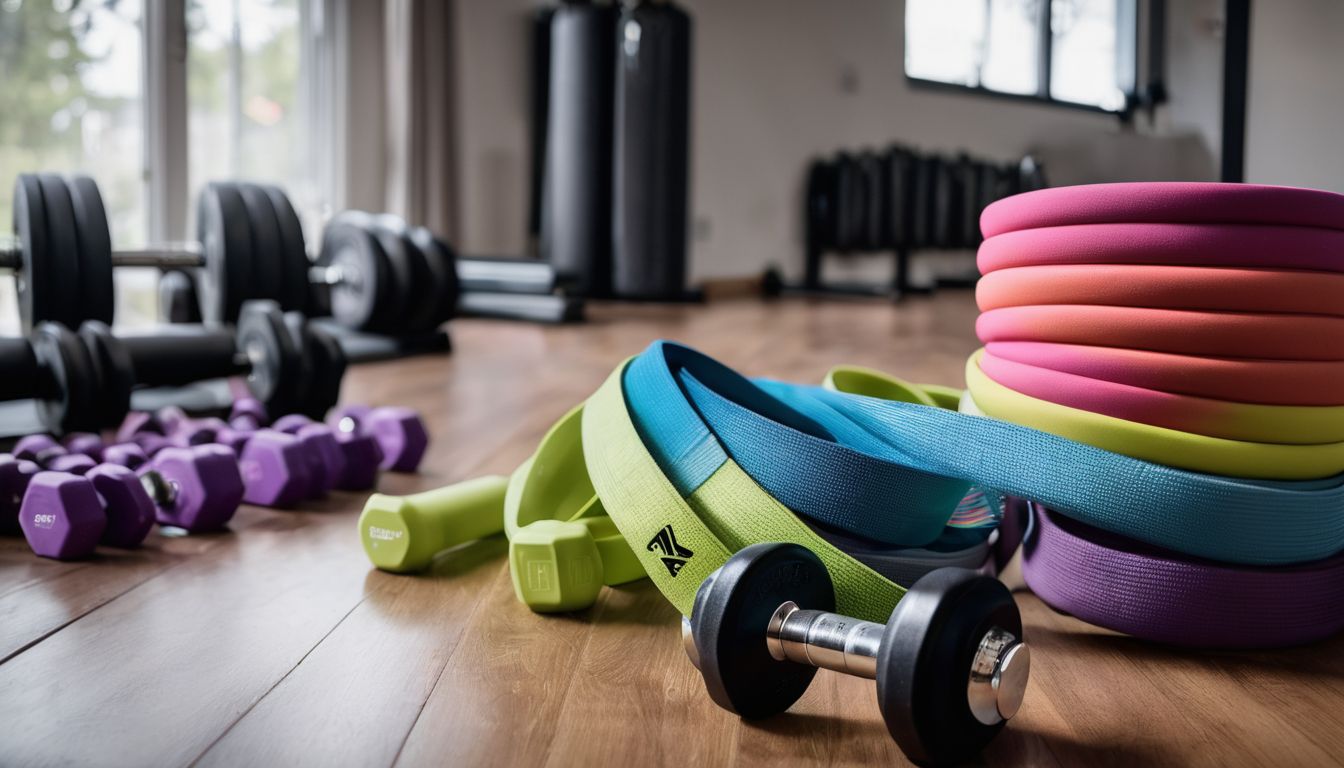 A well-equipped home gym with resistance bands and dumbbells.