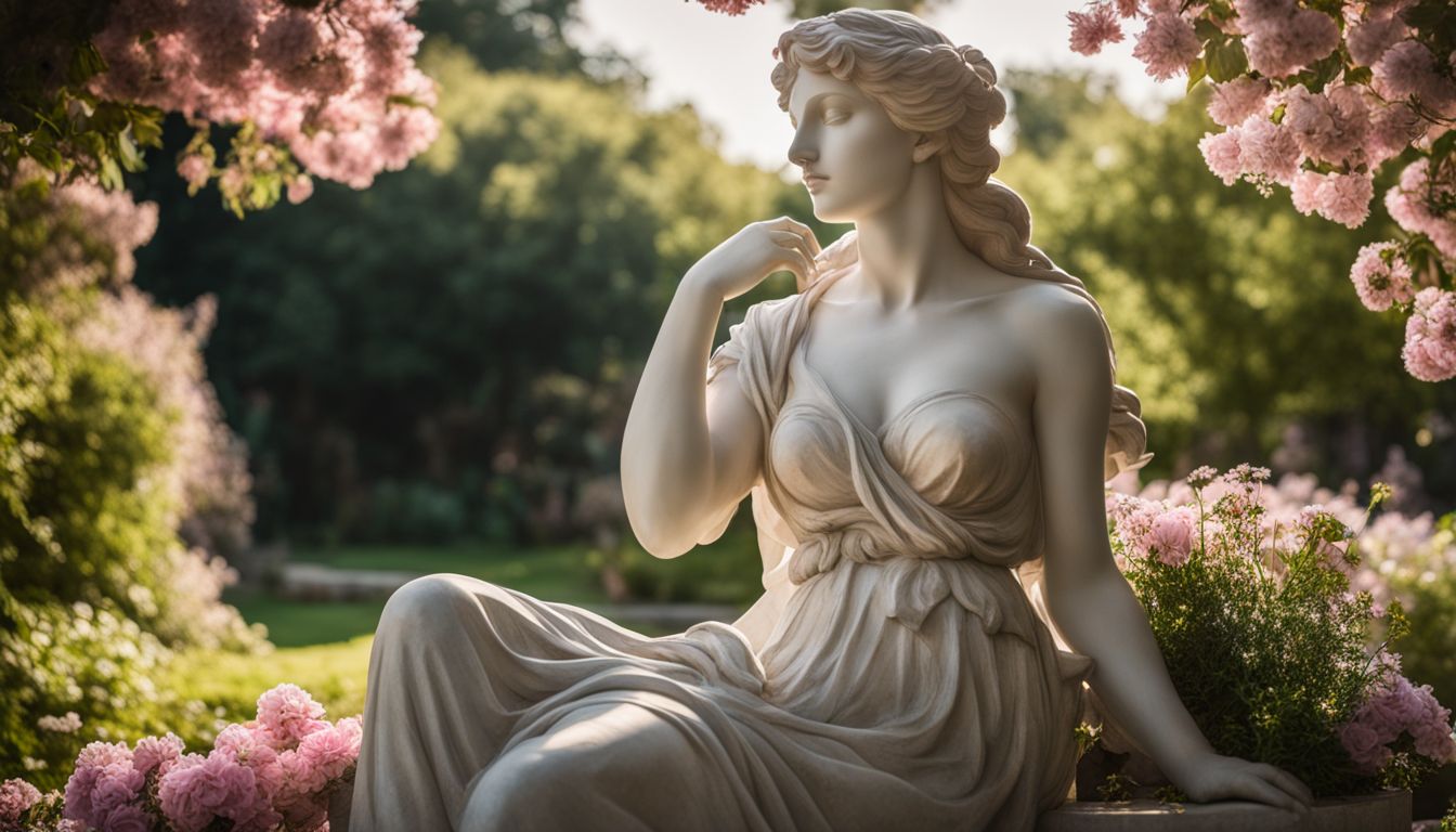 A statue of Aphrodite surrounded by blooming flowers in a serene garden.