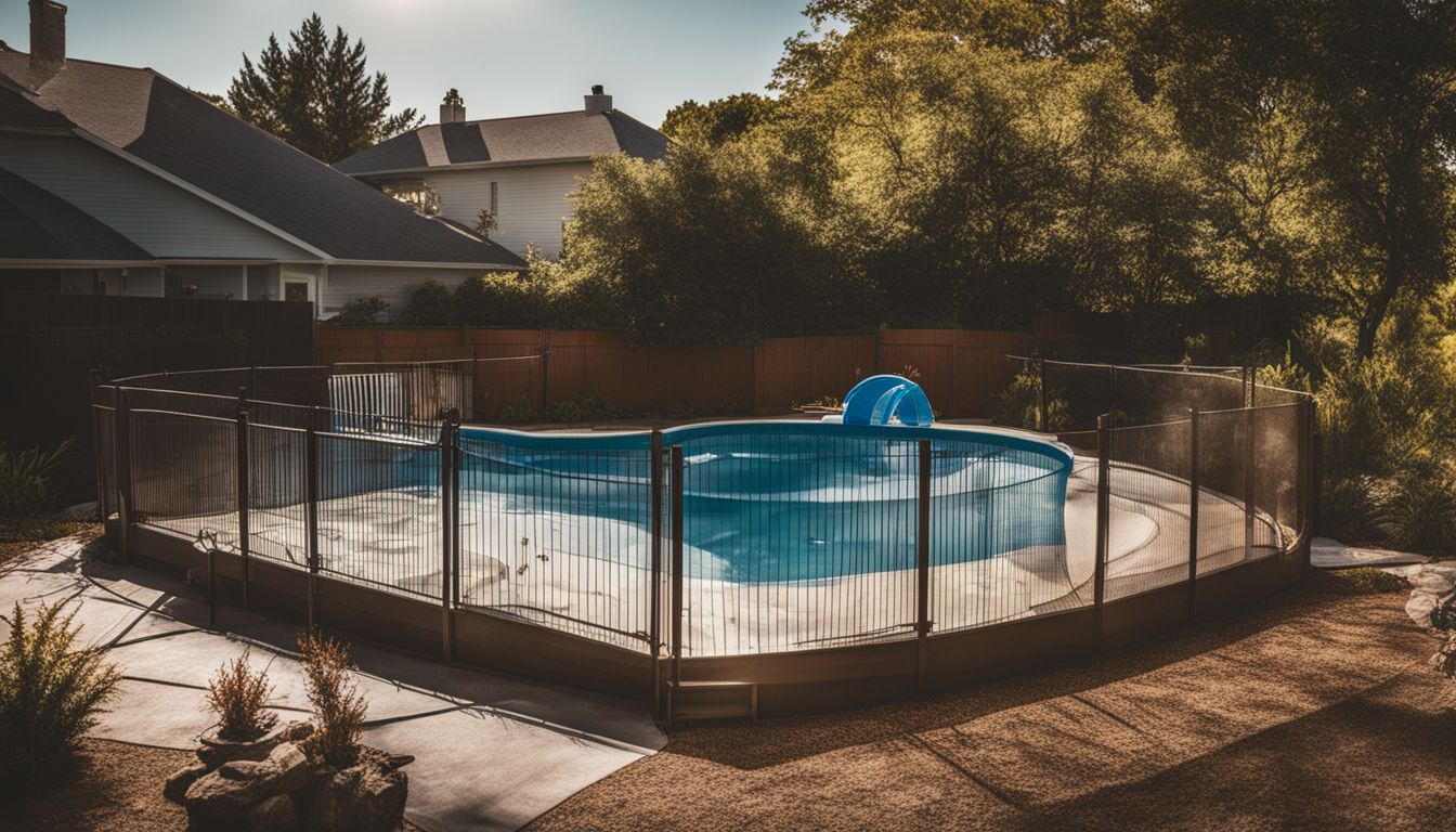 A child's pool with a safety cover in a fenced backyard.