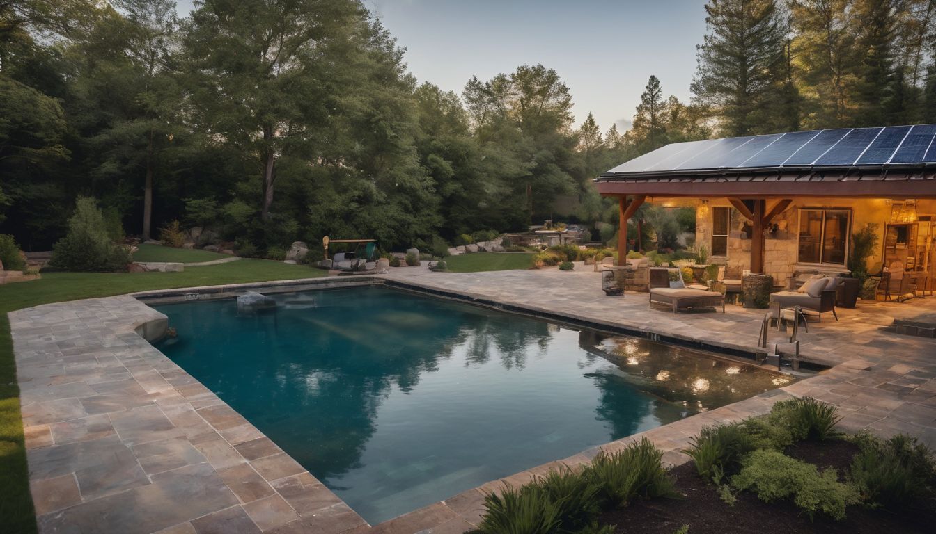 A solar pool cover on a well-lit backyard pool.