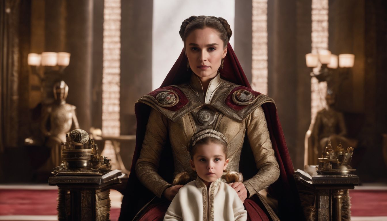Queen Amidala holds baby Luke and Leia in a regal throne room.