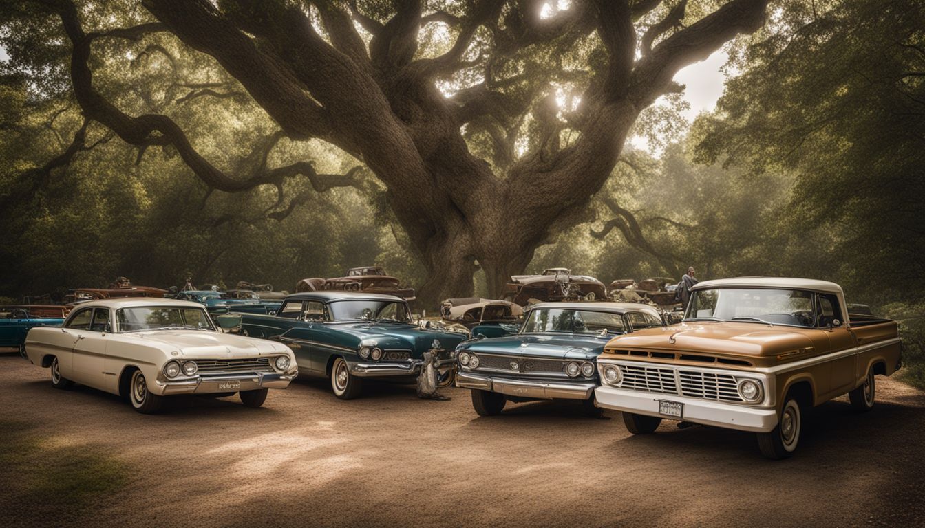 A family-owned oak tree with the Ford name, vintage Ford cars.