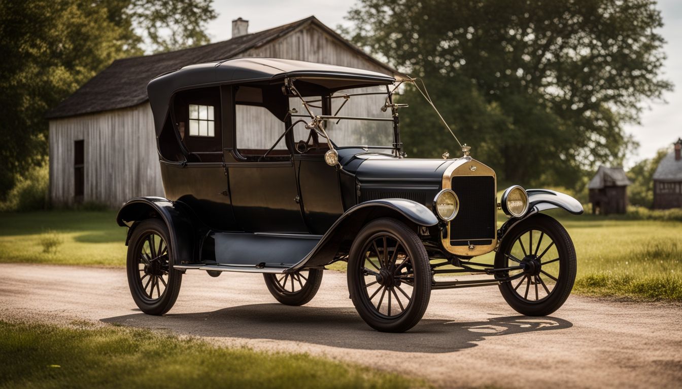 An antique Ford Model T parked outside a historic farmhouse.