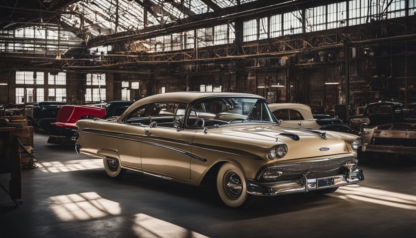 The interior of a classic Ford car parked in front of a historic Ford factory with a bustling cityscape in the background.