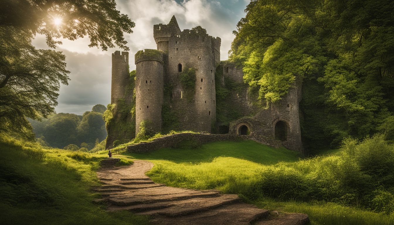 A photo of an ancient castle ruin surrounded by lush green landscapes.