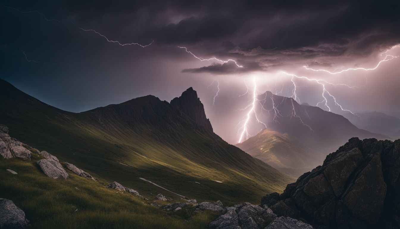 A dramatic lightning storm over a rugged mountain peak.
