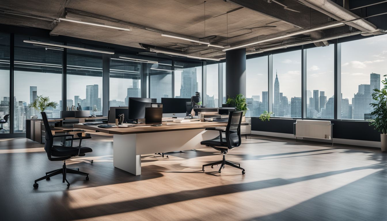 An empty, modern office with large windows and cityscape view.