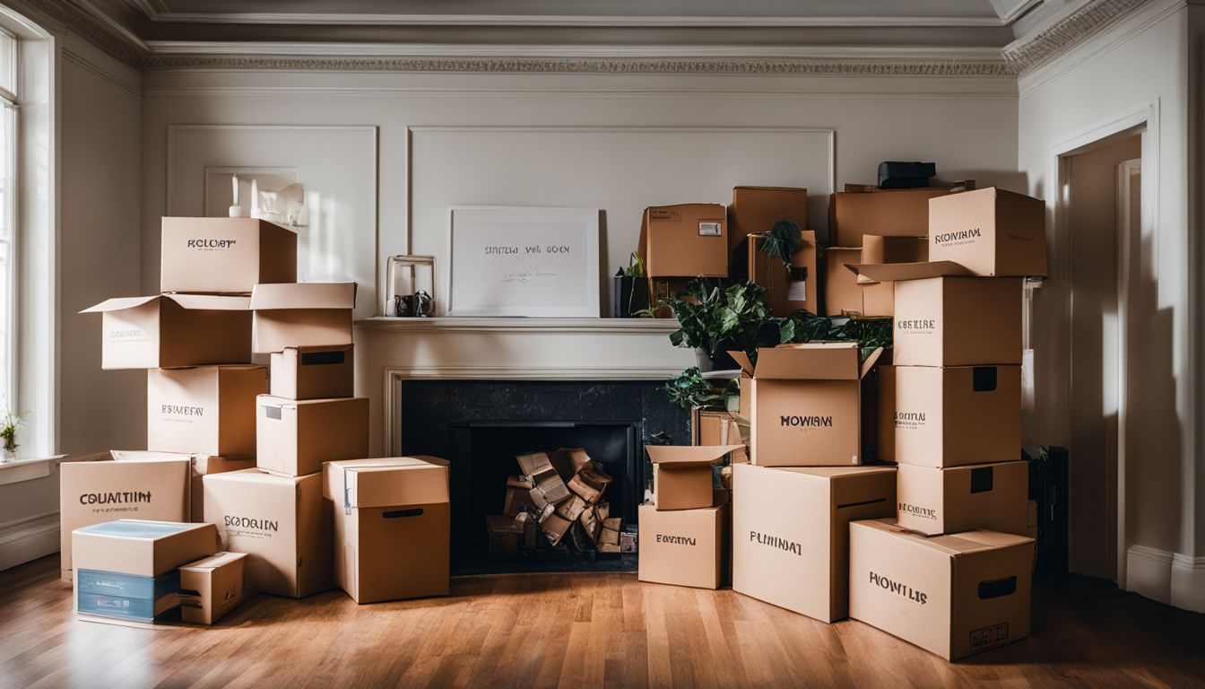 A stack of labelled moving boxes in an empty room.