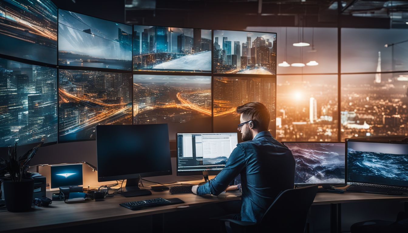Ein Programmierer arbeitet umgeben von Technologie in einem modernen Büro.