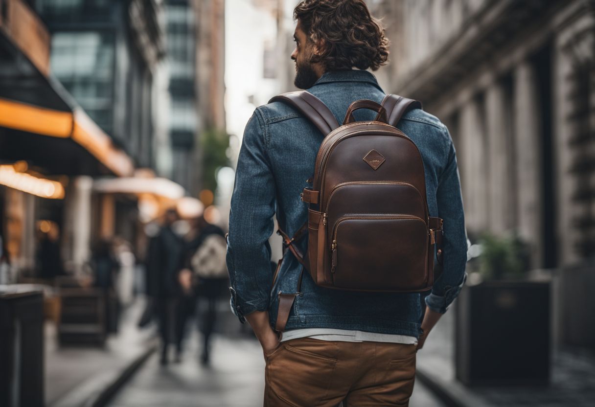 A stylish backpack displayed in a cityscape setting with various people.