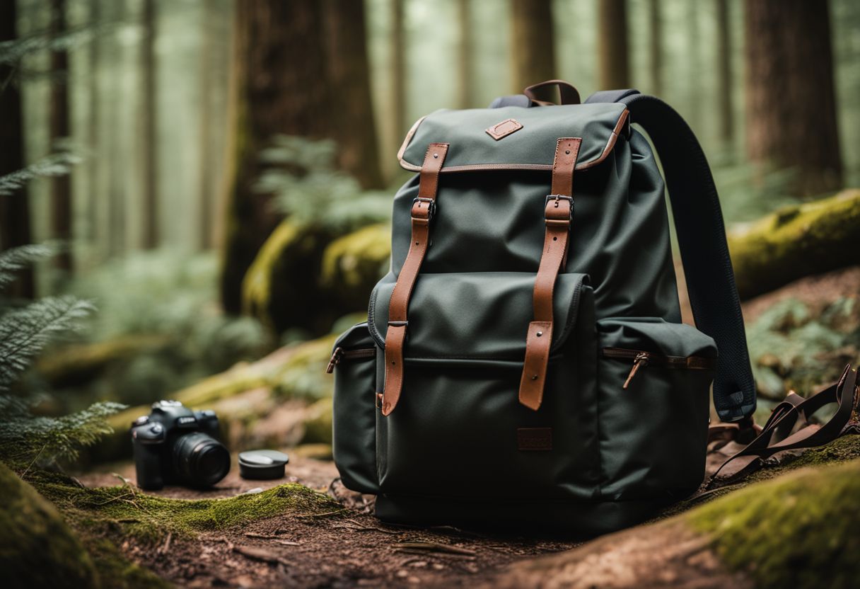 A customizable rucksack surrounded by outdoor gear in a lush forest.
