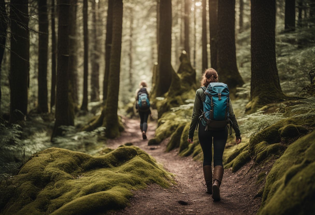 A woman hiking through a forest trail with a women-specific rucksack.
