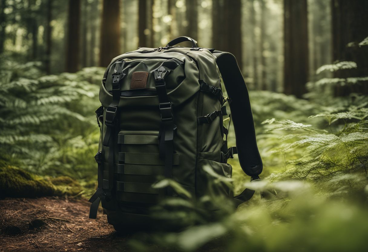 A ventilated backpack in lush forest with diverse people and fashion.