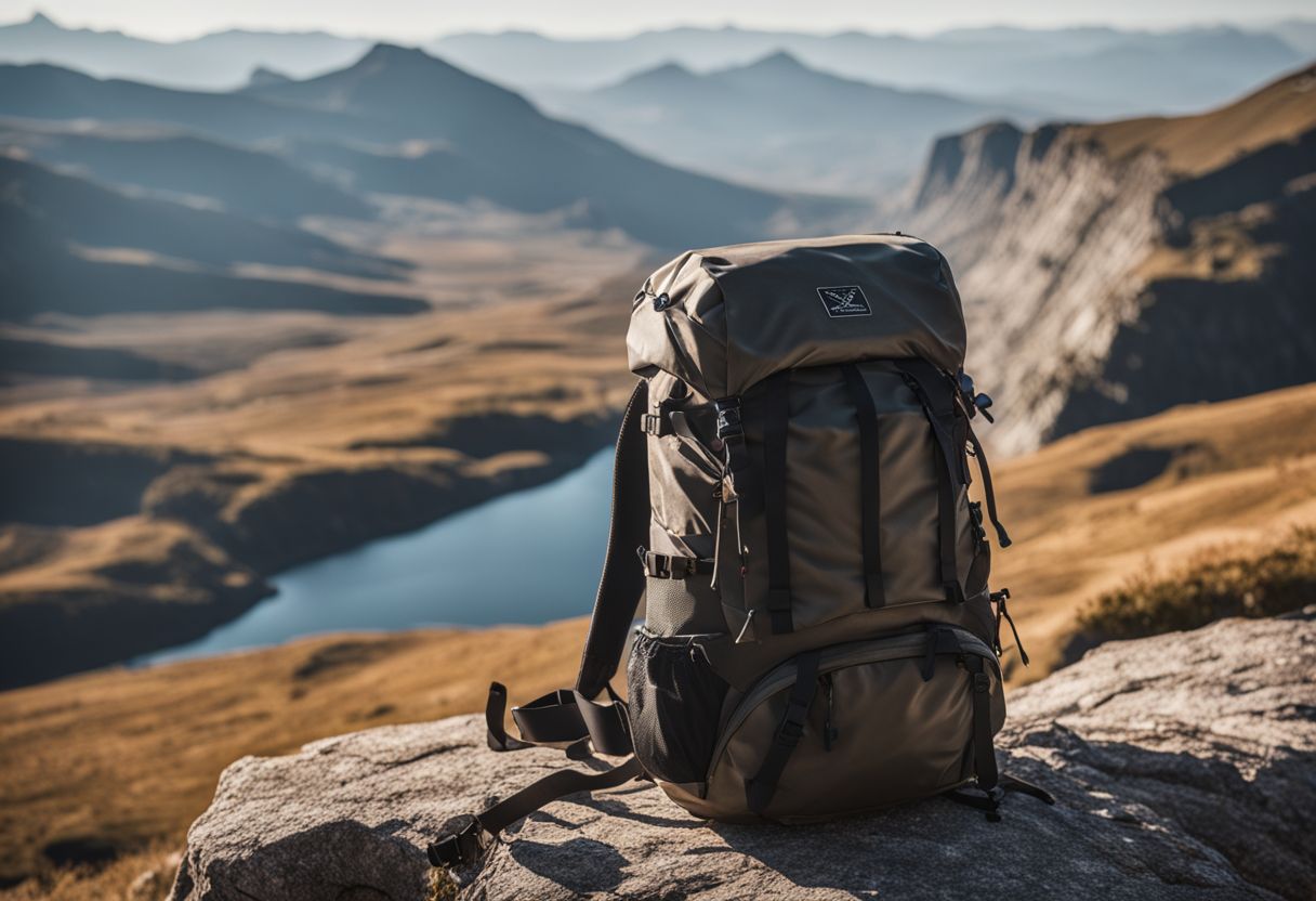 A rugged rucksack sitting on a rocky mountain ledge in a bustling atmosphere.