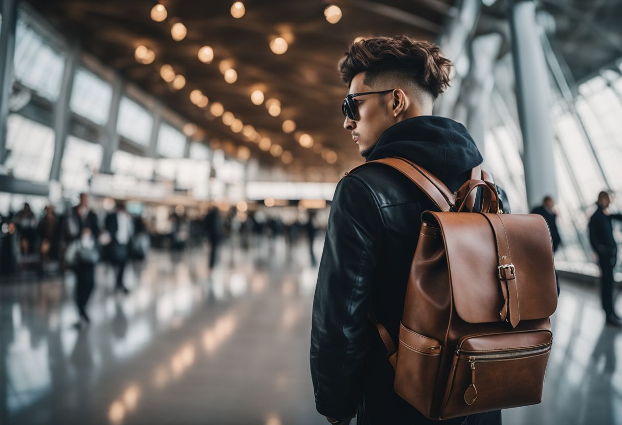 A stylish traveler in front of an airport terminal with a leather backpack.
