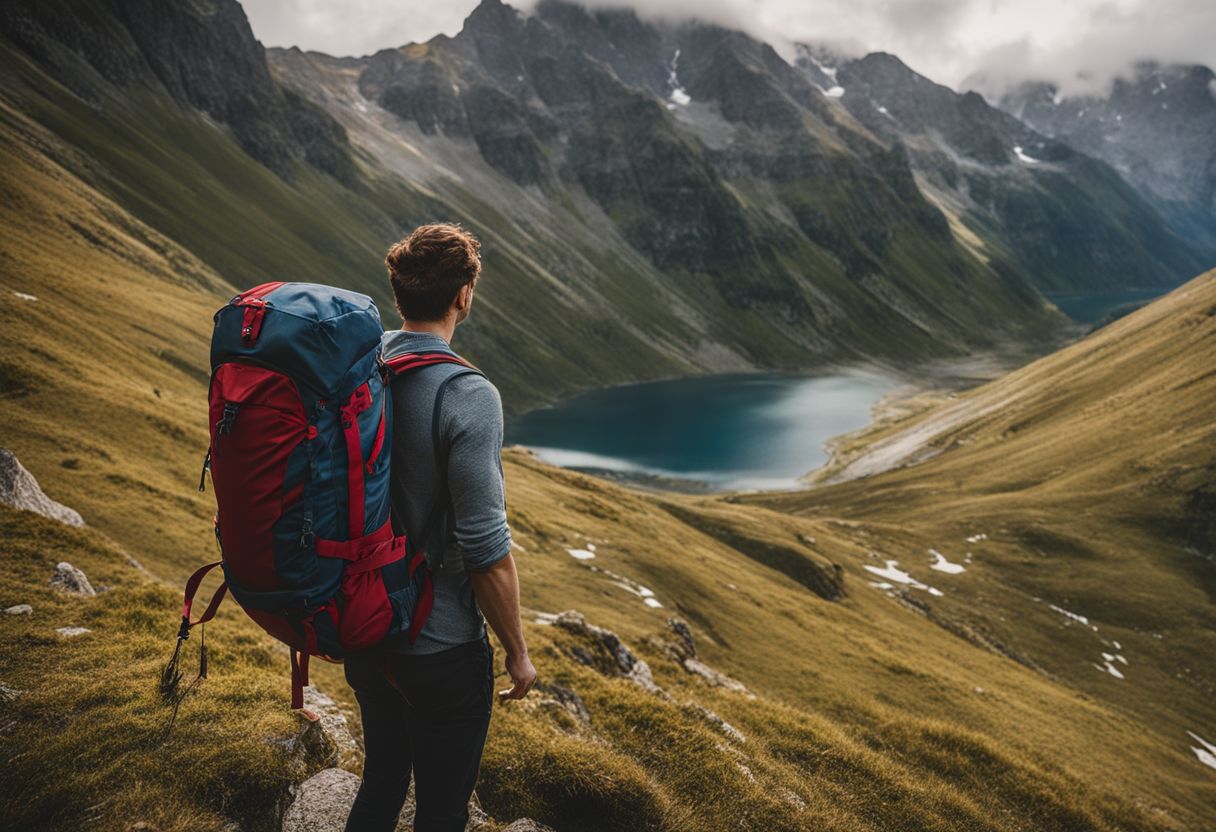 A hiker with a vibrant rucksack in a picturesque mountain landscape.