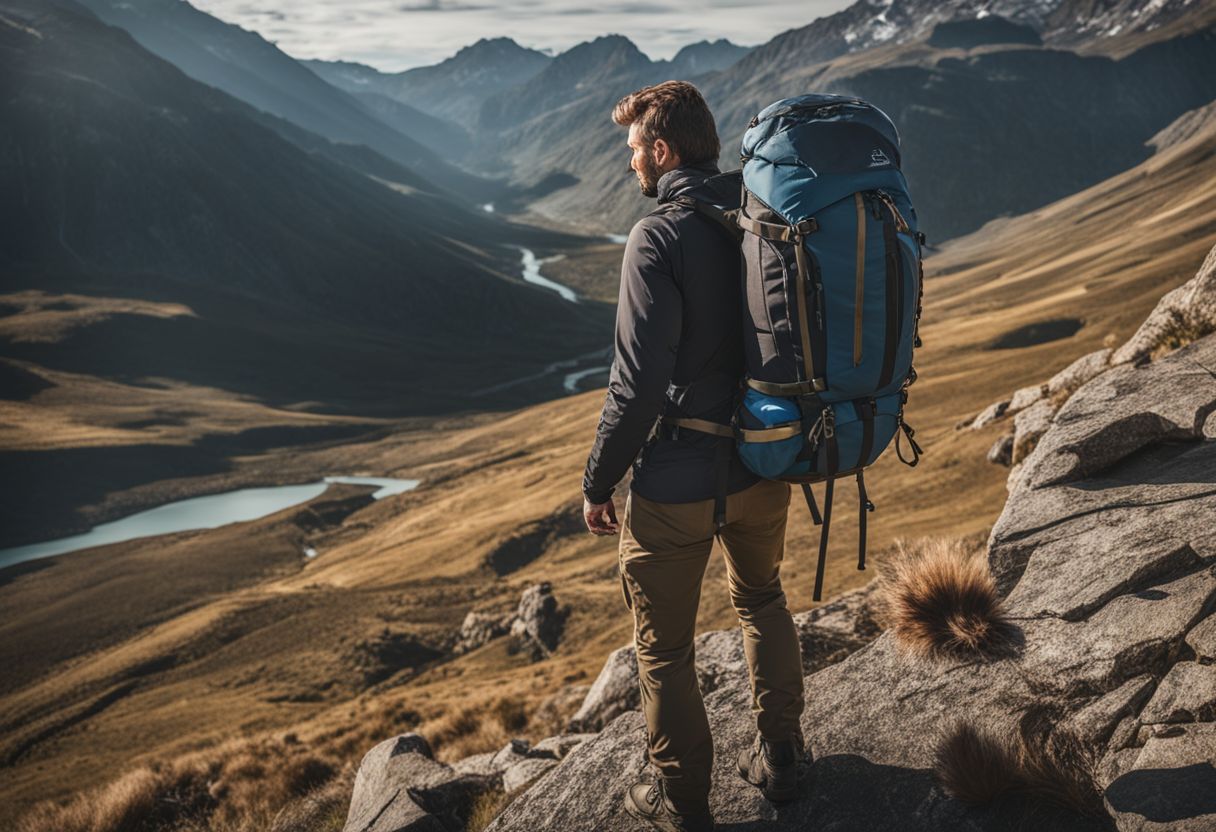 A hydration pack against a rugged mountain terrain with different people.