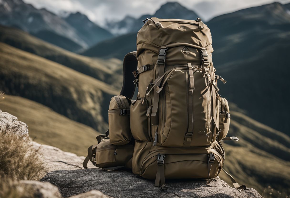 A tactical backpack surrounded by rugged terrain in nature photography.