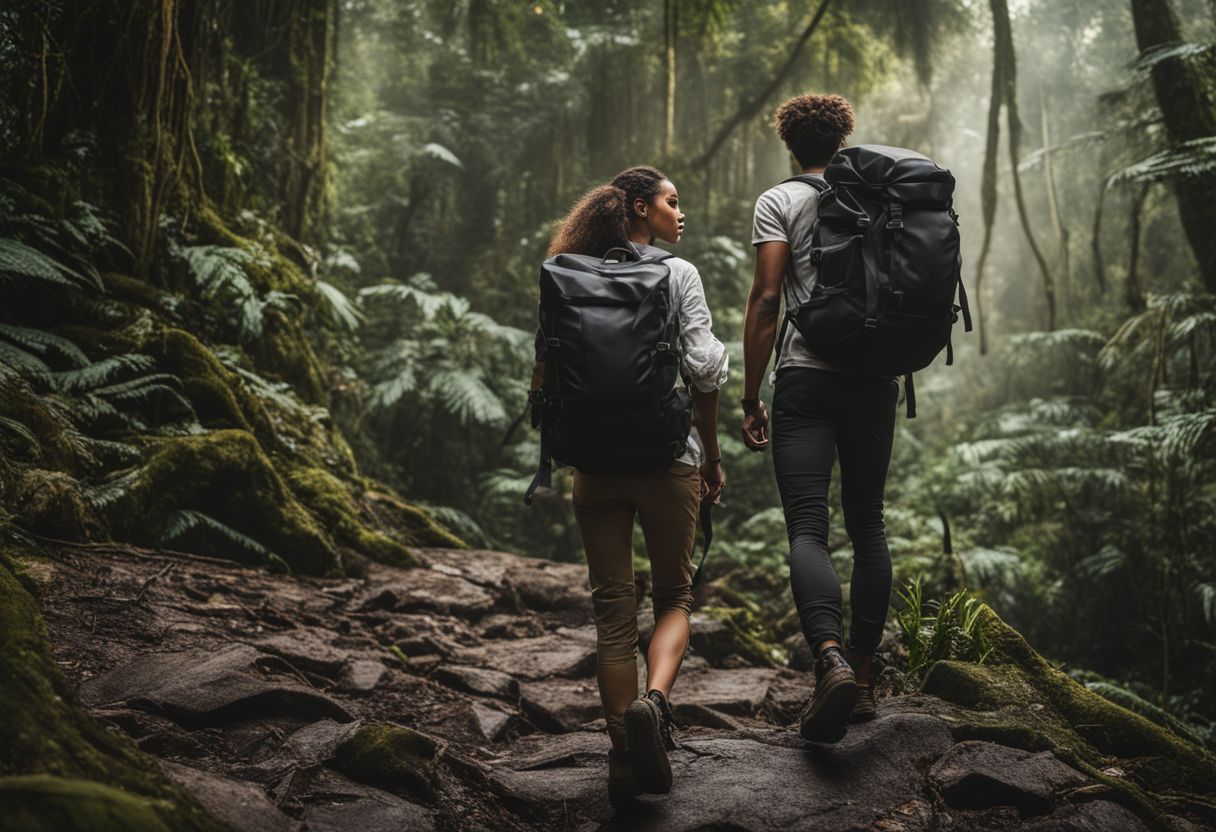 A rugged rucksack in a rainforest with diverse people and styles.