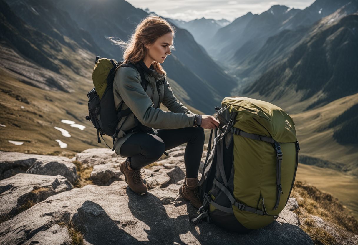 Hiker adjusting backpack straps in mountainous landscape.
